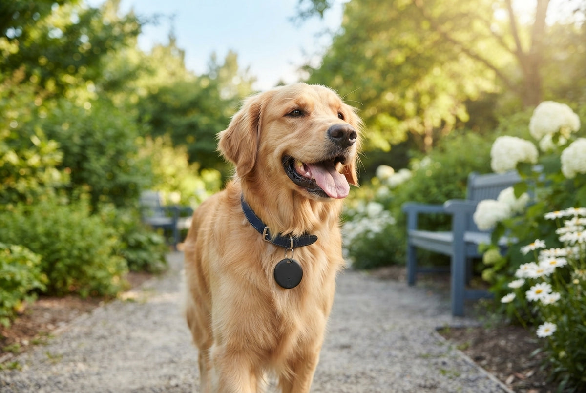 A happy dog wearing a sleek GPS smart tracker on its collar while walking in a sunlit neighborhood park.